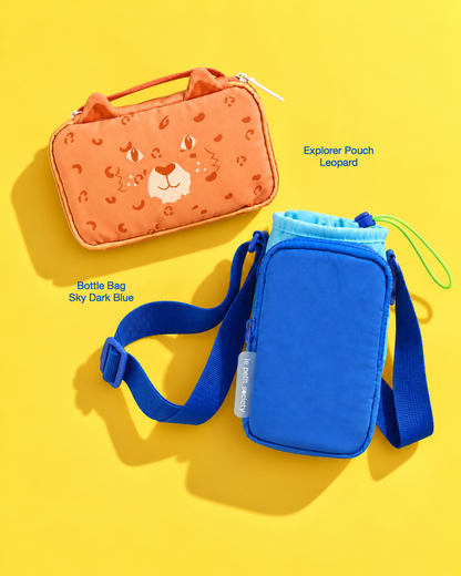 Petit Pair bundle: Explorer Pouch in Leopard and Bottle Bag in Sky Dark Blue