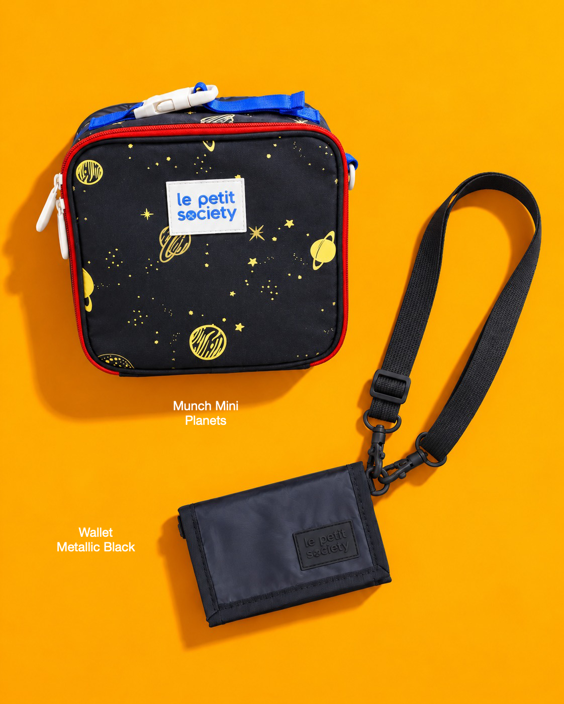 Petit Pair bundle: Munch Mini in Planets and Wallet in Metallic Black