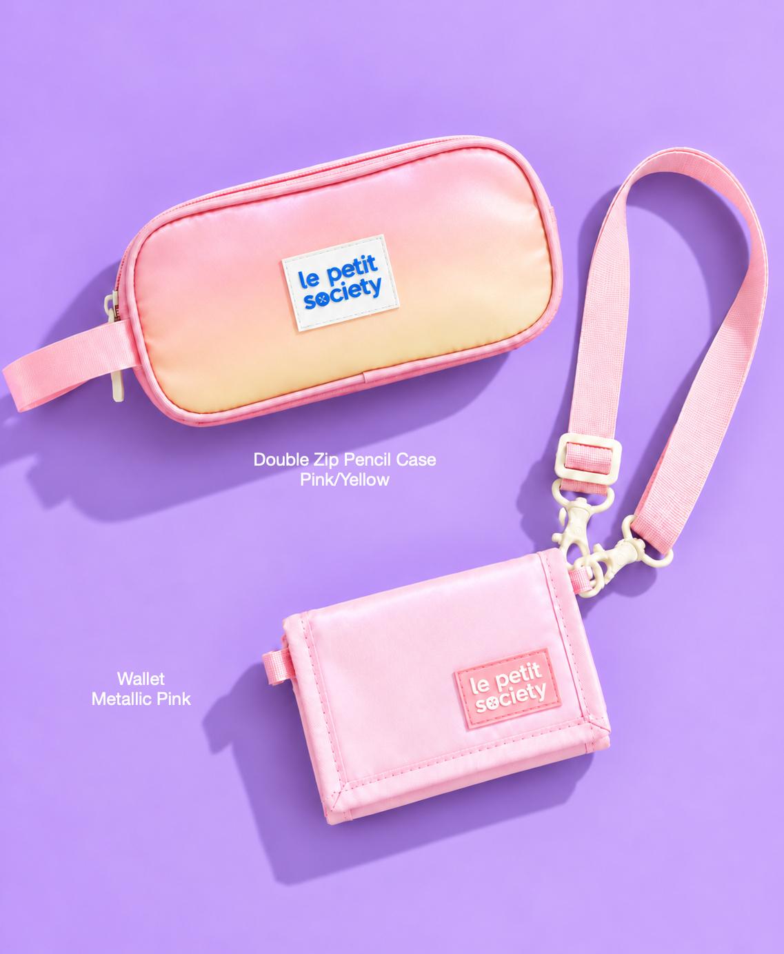 Petit Pair bundle: Double Zip Pencil Case in Pink/Yellow and Wallet in Metallic Pink