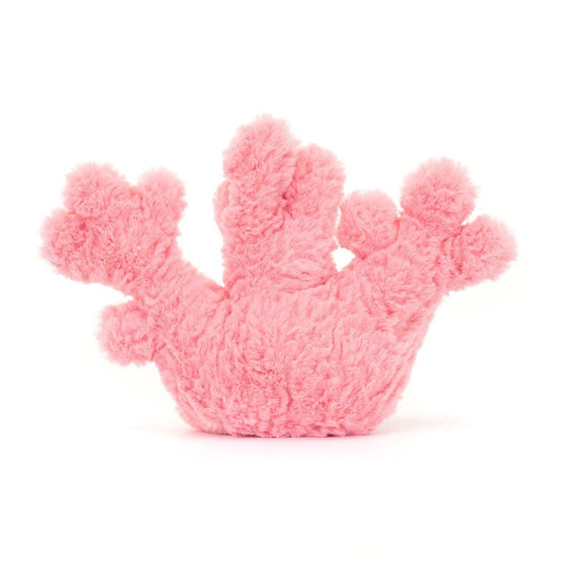 A back view of a soft pink plush coral toy  with textured branches