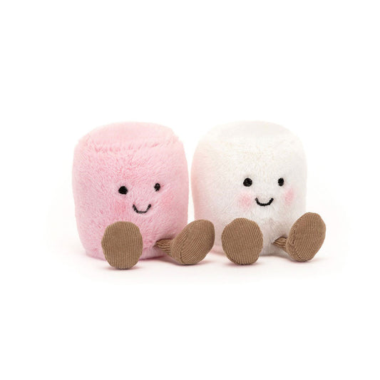 A front view of a pair of cute, plush marshmallow toys, one pink and one white, each with a smiling face and brown corduroy legs. Their soft, adorable design makes them perfect for babies or as charming decorative pieces.