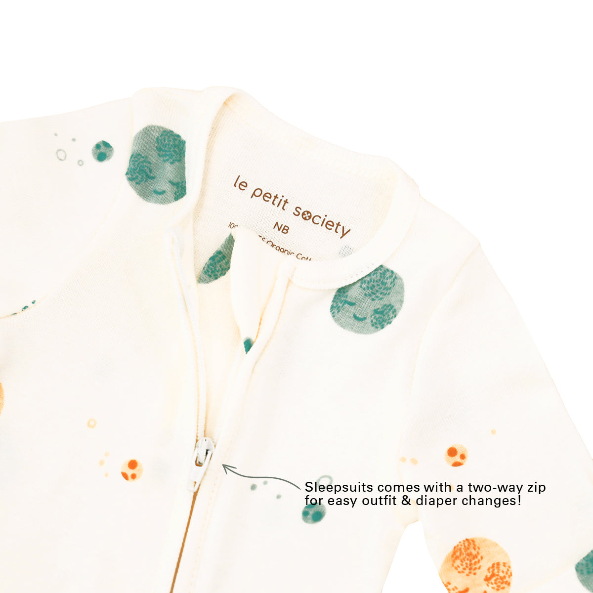 Infographic featuring the sleeves of Le Petit Society's organic baby sleepsuit, which can be folded to replace mittens and are available on newborn, 1-3M and 3-6M sizes.