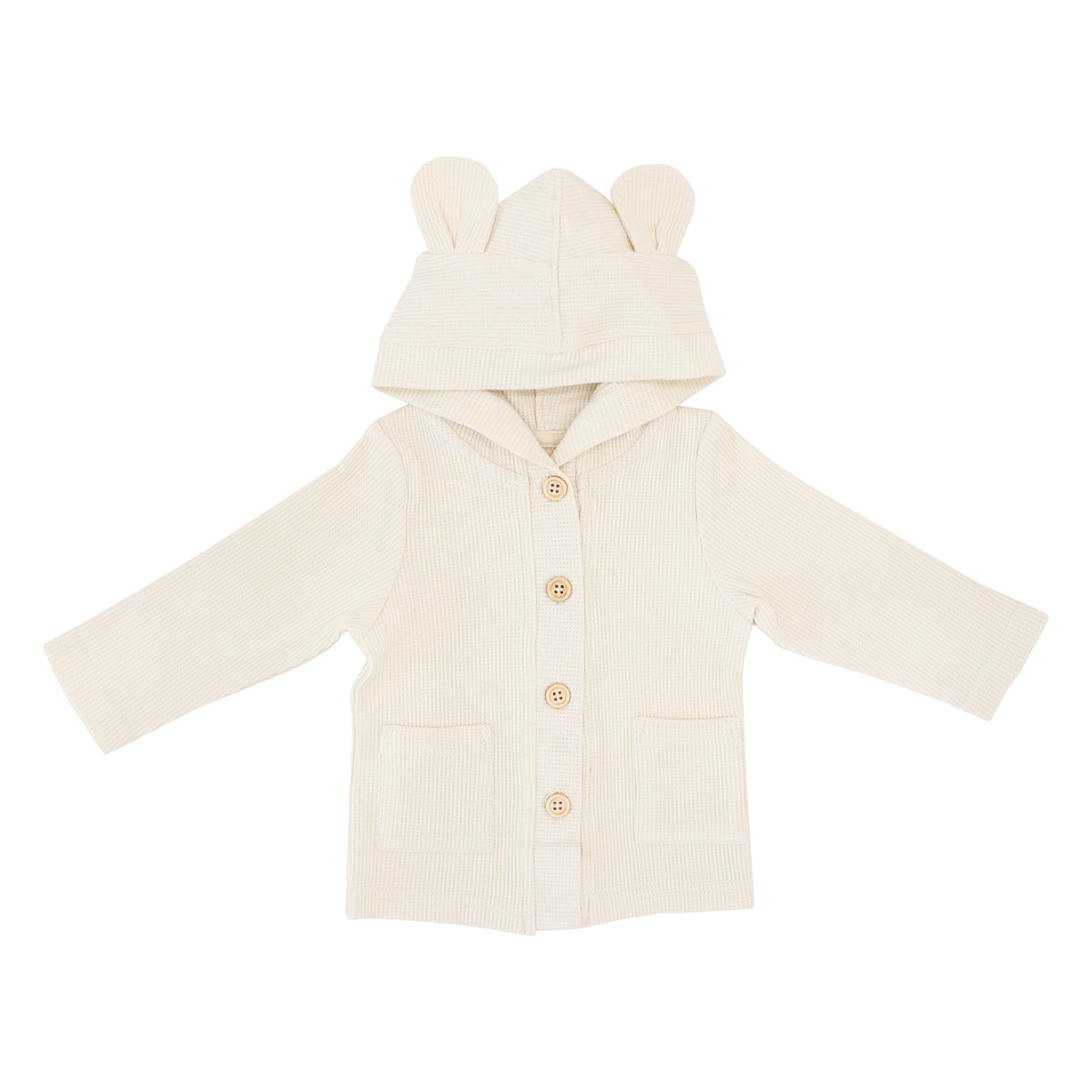 A baby boy cardigan in cream waffle jersey from Le Petit Society. It comes with buttons down the front, double front pockets and a hood with bear ears.