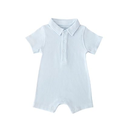 Baby Polo Romper in Baby Blue Waffle Jersey by Le Petit Society — image 7