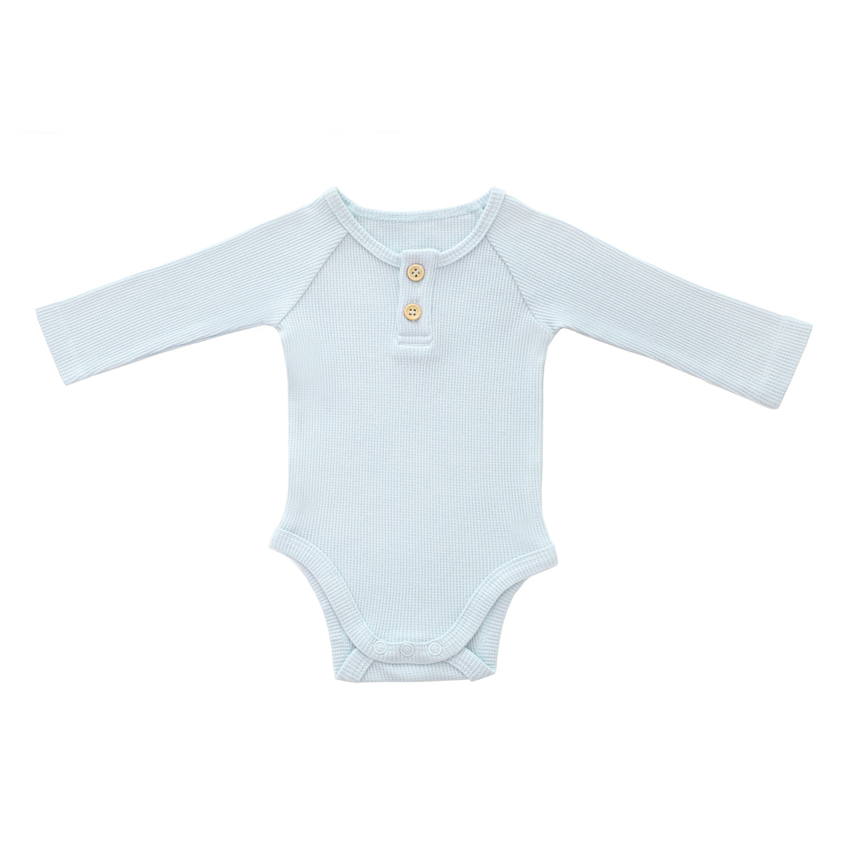 Baby Long Sleeve Romper in Baby Blue Waffle Jersey by Le Petit Society