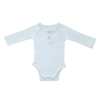 Baby Long Sleeve Romper in Baby Blue Waffle Jersey by Le Petit Society — image 10