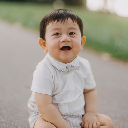 Papa & Mini - Baby Boy Bow Tie Romper in Beige Gingham (Past Season) by Le Petit Society — image 5