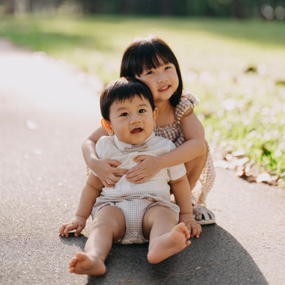 Papa & Mini - Baby Boy Bow Tie Romper in Beige Gingham (Past Season) by Le Petit Society — image 7