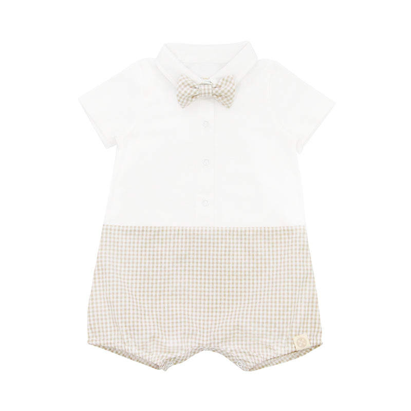 Papa & Mini - Baby Boy Bow Tie Romper in Beige Gingham (Past Season) by Le Petit Society — image 14