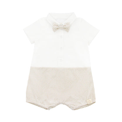 Papa & Mini - Baby Boy Bow Tie Romper in Beige Gingham (Past Season) by Le Petit Society — image 14