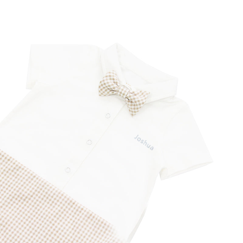 Papa & Mini - Baby Boy Bow Tie Romper in Beige Gingham (Past Season) by Le Petit Society — image 15