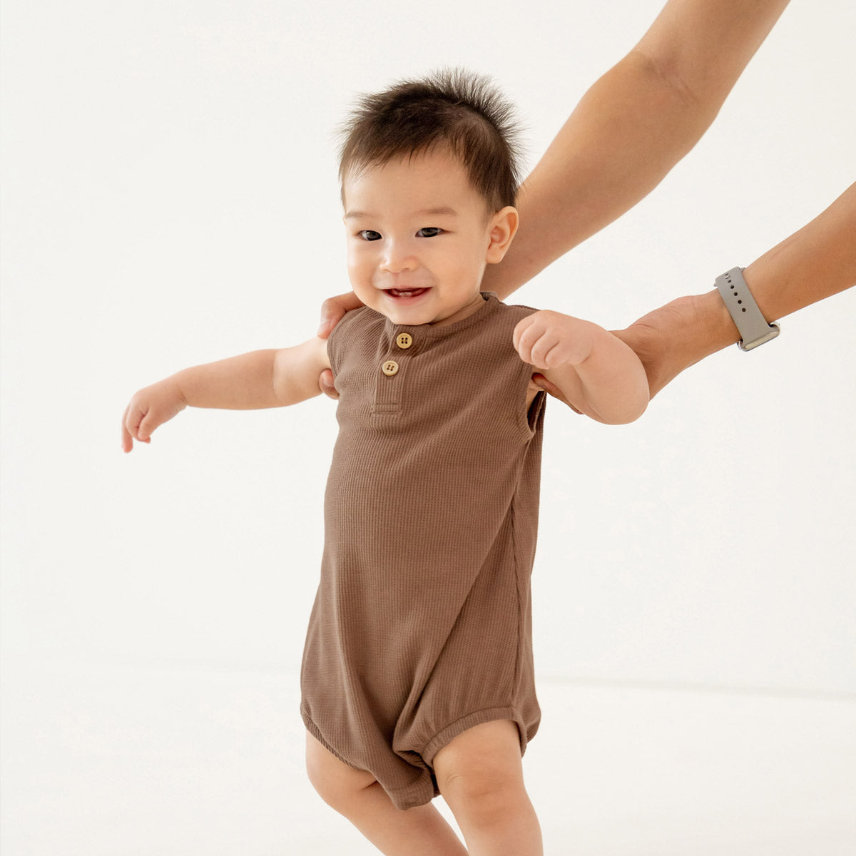 Baby Bubble Romper in Brown Waffle Jersey by Le Petit Society — image 2