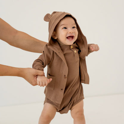 Baby Bubble Romper in Brown Waffle Jersey by Le Petit Society — image 5