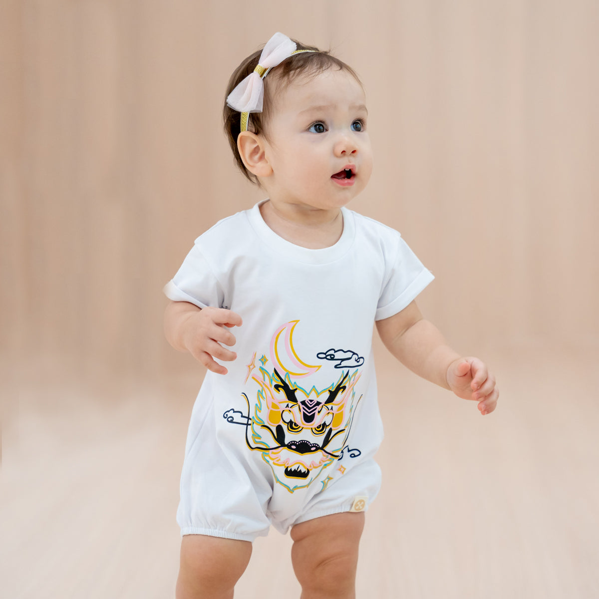 Dragon Streetwear - Baby Bubble Romper in White Dragon by Le Petit Society — image 3