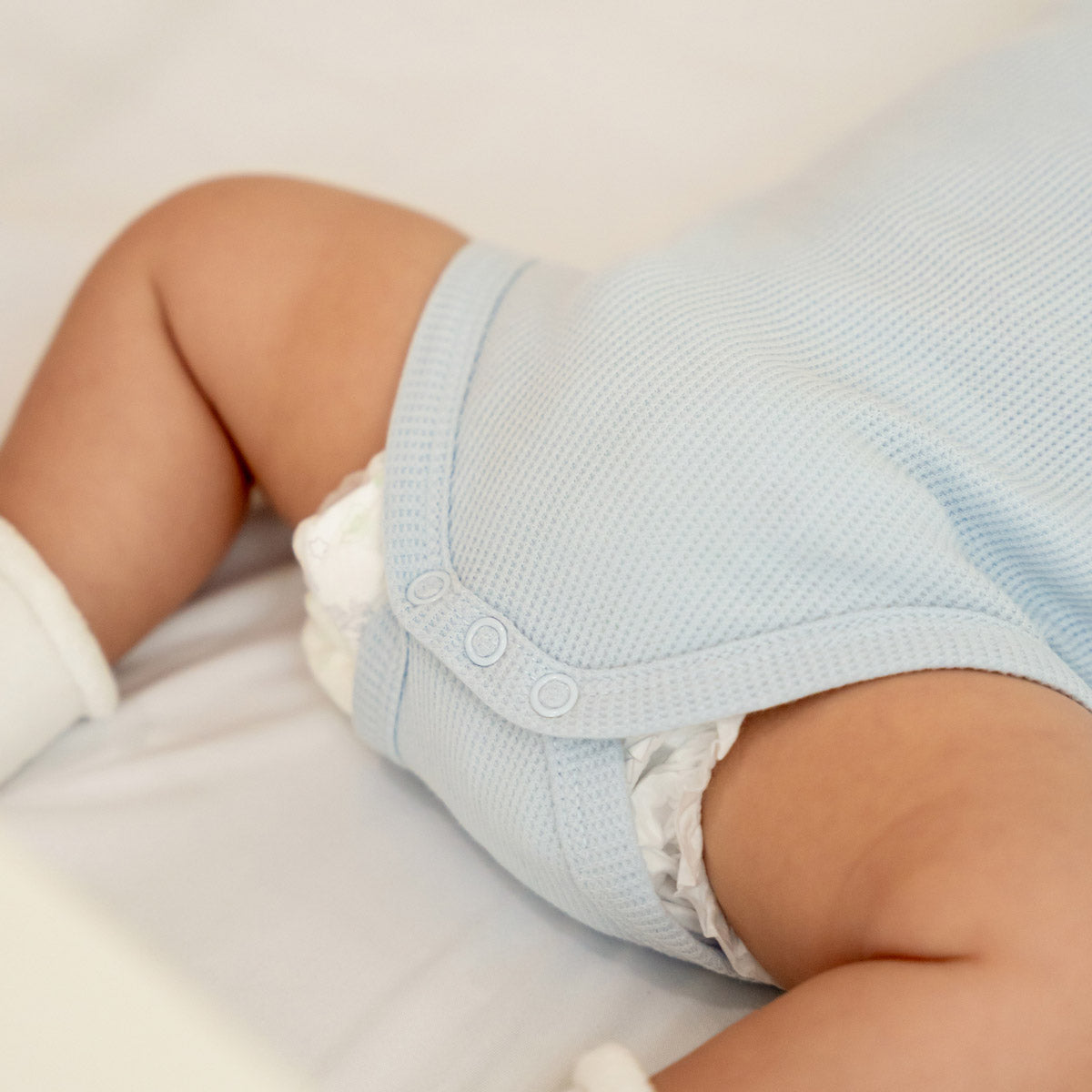 Baby Long Sleeve Romper in Baby Blue Waffle Jersey by Le Petit Society — image 5
