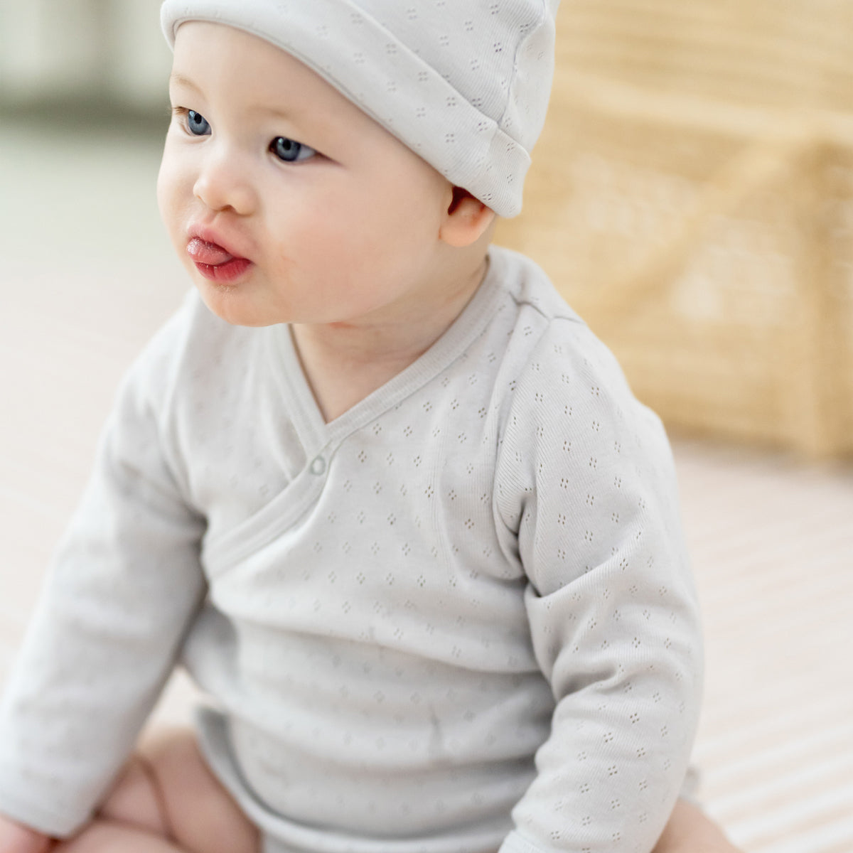 Baby Organic Long Sleeve Kimono Romper in Grey by Le Petit Society — image 2