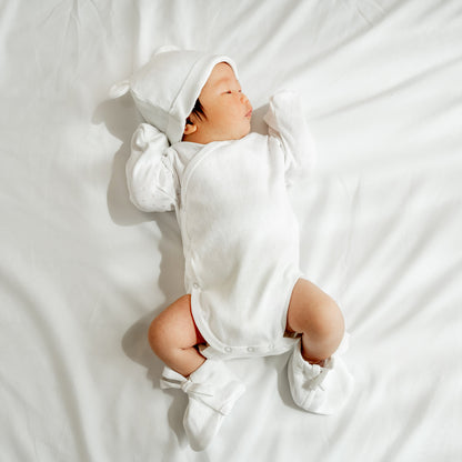 Baby Organic Long Sleeve Kimono Romper in White by Le Petit Society — image 12
