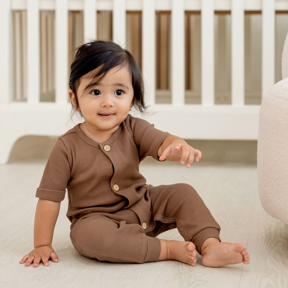 Baby Playsuit in Brown Waffle Jersey by Le Petit Society — image 2
