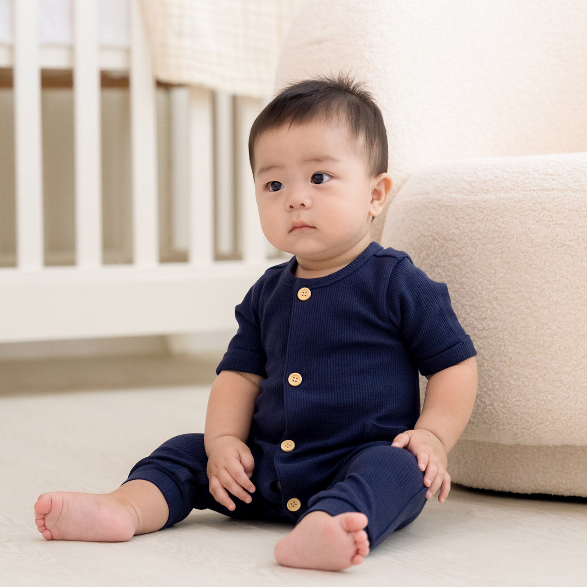 Baby Playsuit in Navy Waffle Jersey by Le Petit Society — image 3