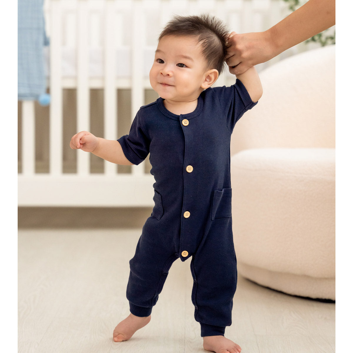 Baby Playsuit in Navy Waffle Jersey by Le Petit Society — image 2