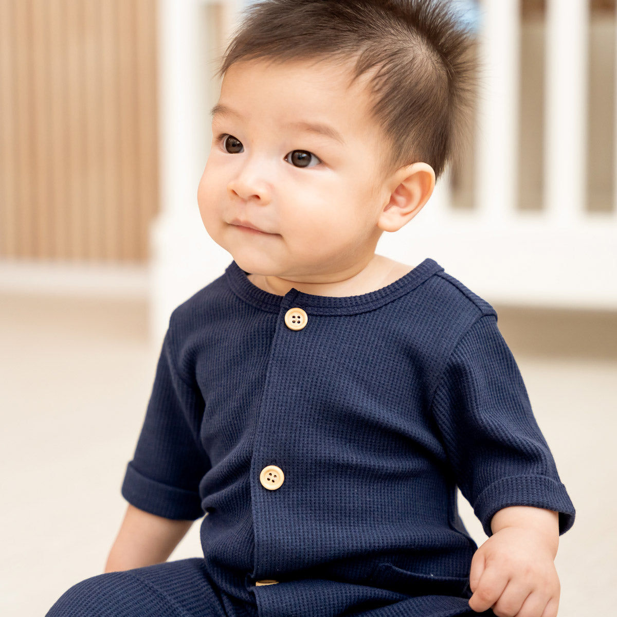Baby Playsuit in Navy Waffle Jersey by Le Petit Society — image 4