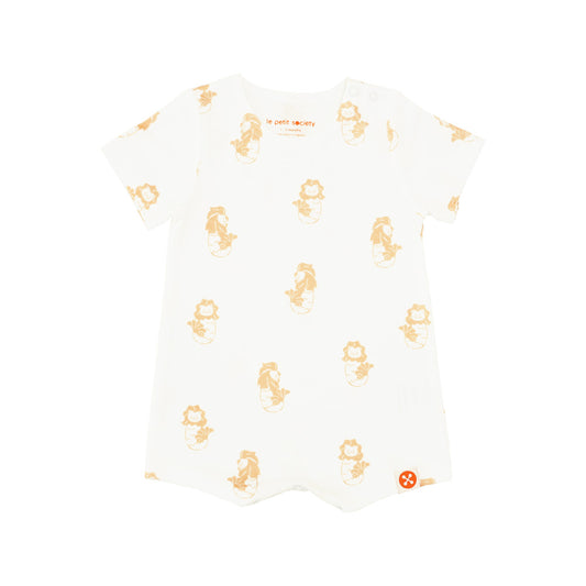 A white baby romper with an orange Merlion print from Le Petit Society.