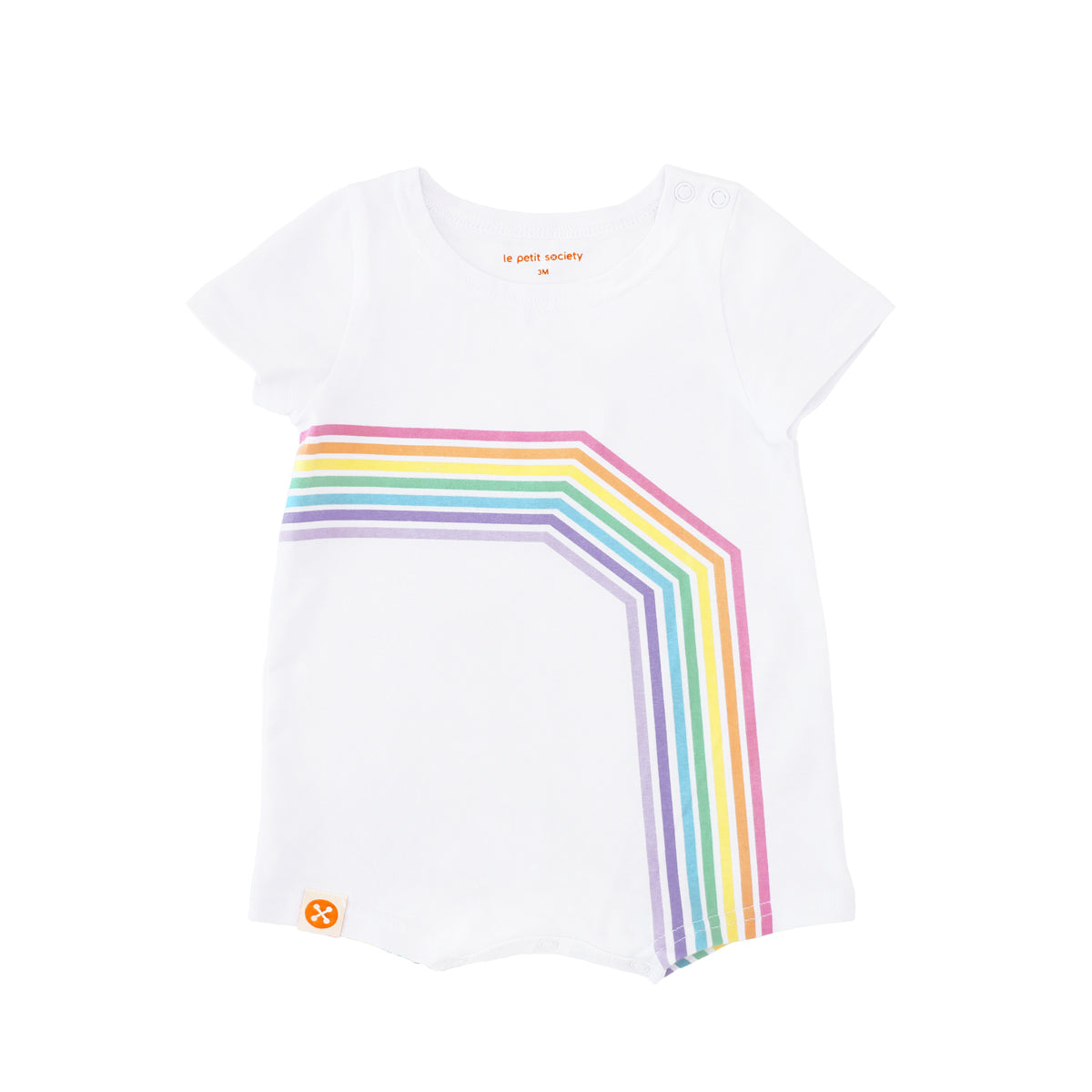 A white baby romper with a pastel print of the right arc of a rainbow from Le Petit Society's rainbow series.