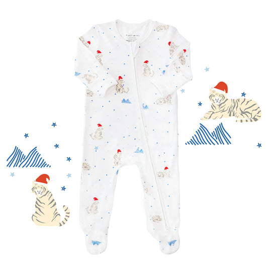 Baby Bamboo Sleepsuit in Snow Tiger Print by Le Petit Society