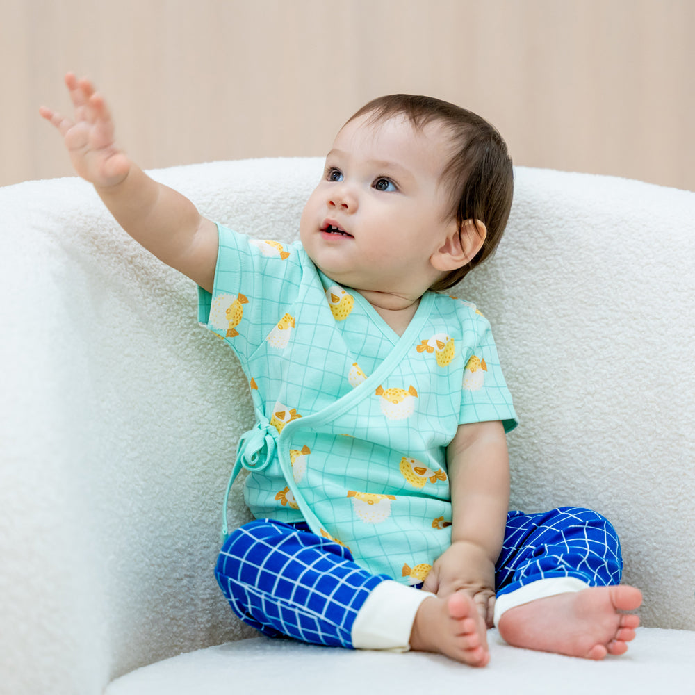 Baby Organic Short Sleeves Kimono Top in Puffer Fish Print by Le Petit Society — image 3