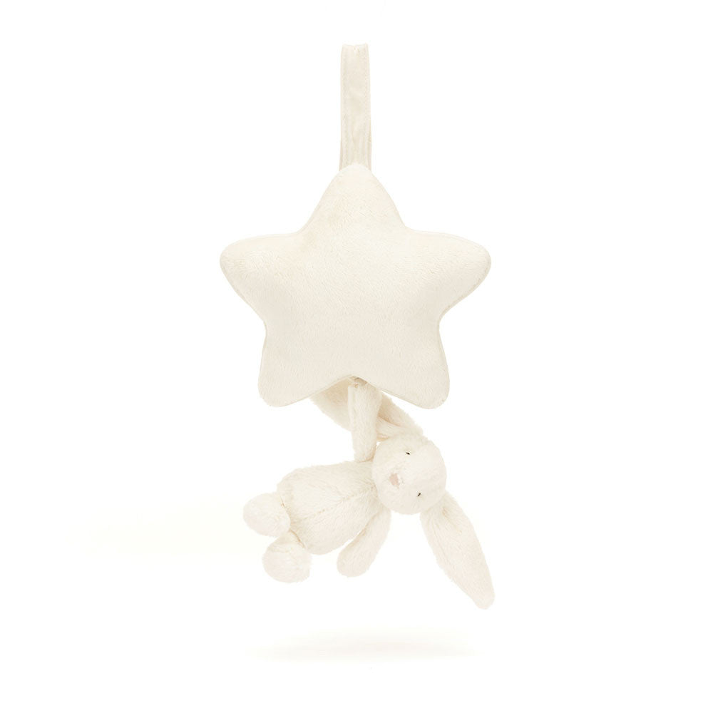 A front view of a soft star-shaped musical pull toy with a plush baby cream bunny hanging below, perfect for cribs or strollers. Calming and cuddly nursery accessory designed to soothe babies with gentle melodies.