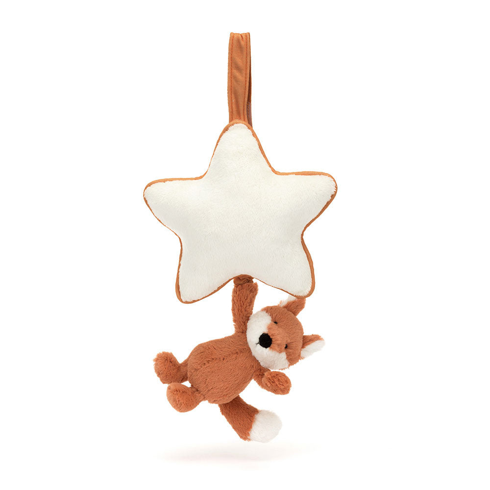 Jellycat Bashful Fox Cub Musical Pull: Soft orange fox cub hanging from a cream star-shaped musical pull with contrast piping.