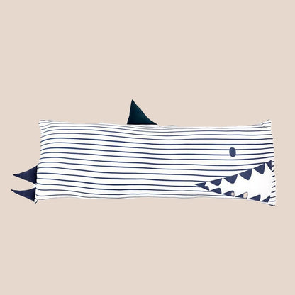 A kids' bamboo pillow with a navy shark design in large by Le Petit Society.