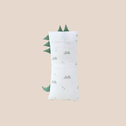 The back of a kids' bamboo pillow with a green dinosaur design in mini by Le Petit Society.