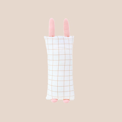 The back of a mini bamboo pillow in a pink rabbit design for kids by Le Petit Society.