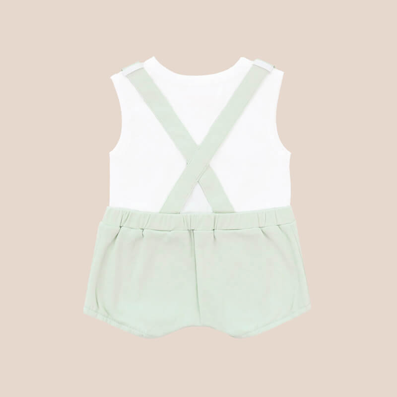 An animal-themed baby romper by Le Petit Society, featuring a pair of mint green bottoms and cross back straps.