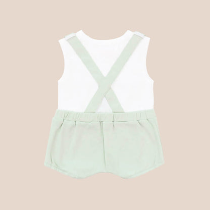 An animal-themed baby romper by Le Petit Society, featuring a pair of mint green bottoms and cross back straps.