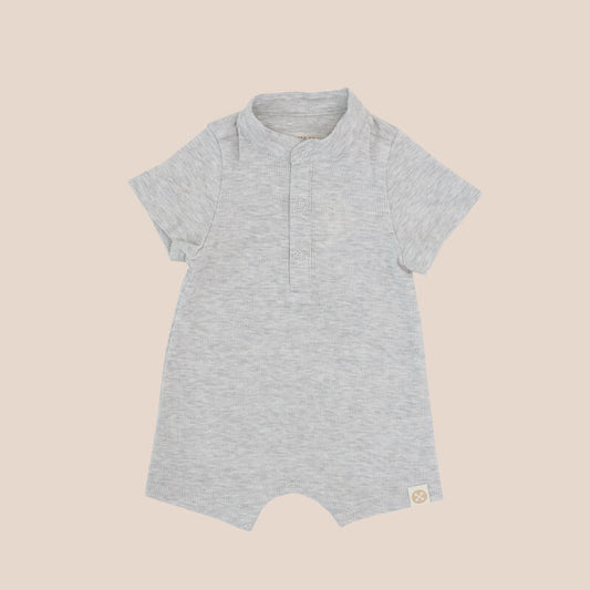 A baby boy rib knit romper in grey from Le Petit Society.