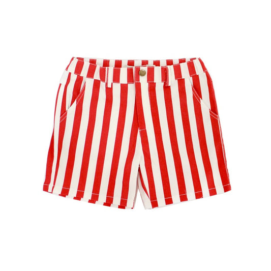 Red and white vertical striped shorts featuring side pockets, belt loops, and a front button closure displayed against a white background.