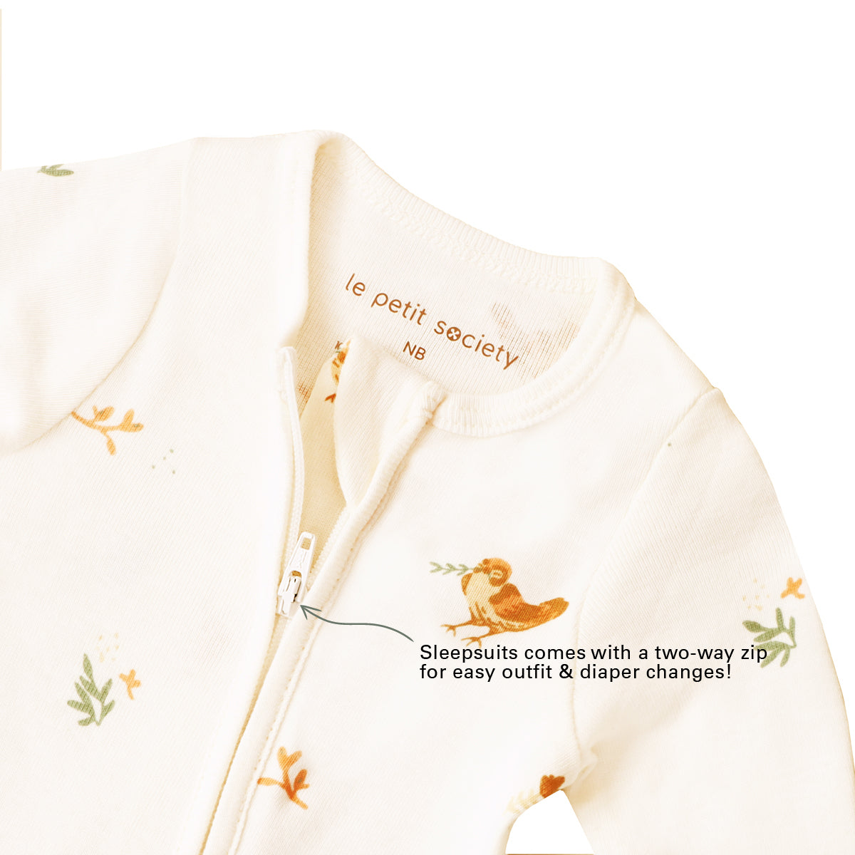 Baby Organic Zip Sleepsuit in Bird Print (Personalisable) by Le Petit Society — image 6