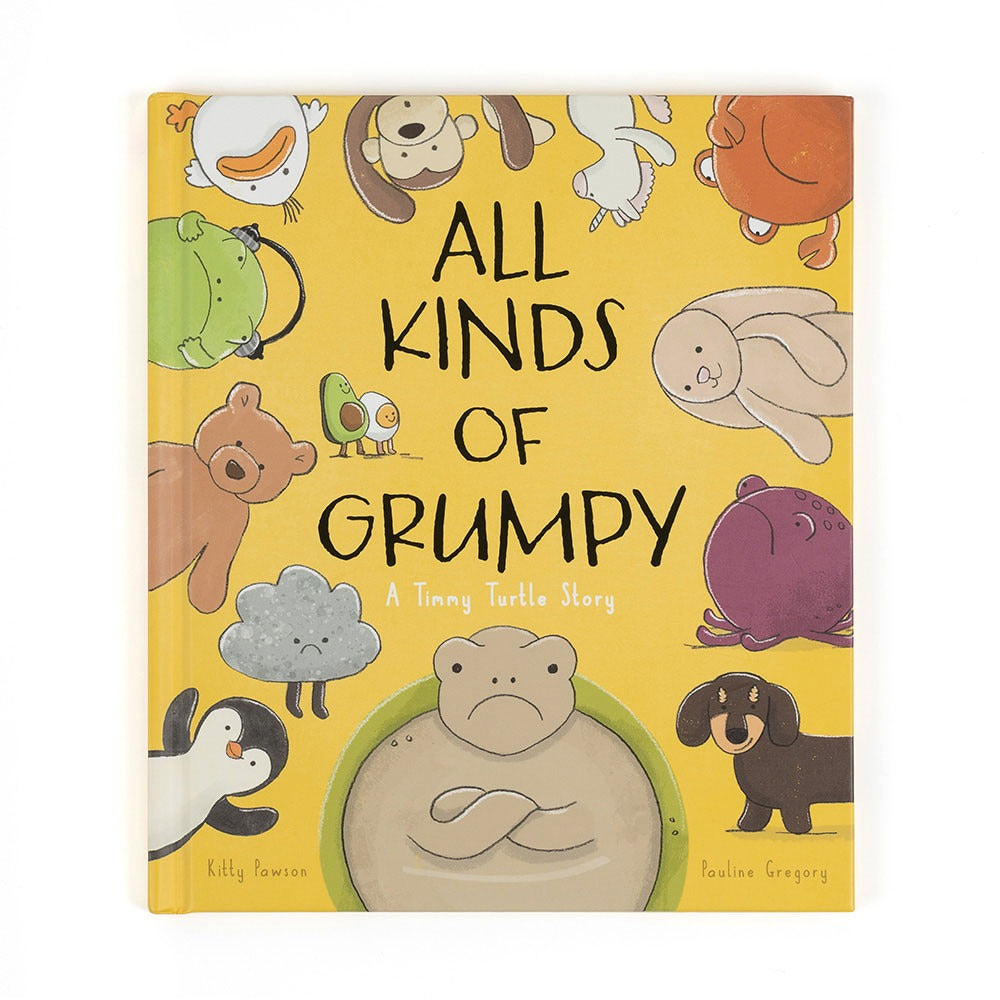 All Kinds of Grumpy book cover featuring adorable illustrated characters like a turtle, monkey, bear, penguin, and more, set against a bright yellow background. A fun children‚Äôs story about emotions and moods, by Kitty Pawson and Pauline Gregory.