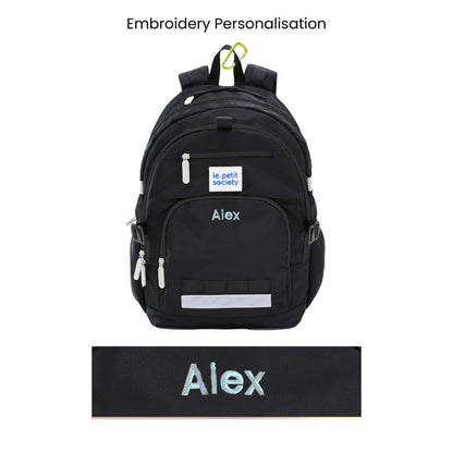 The LPS kids double pocket school bag in black with personalised name embroidery.