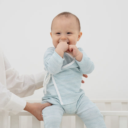Baby Organic Long Sleeves Kimono Top in Blue Stripes by Le Petit Society — image 6