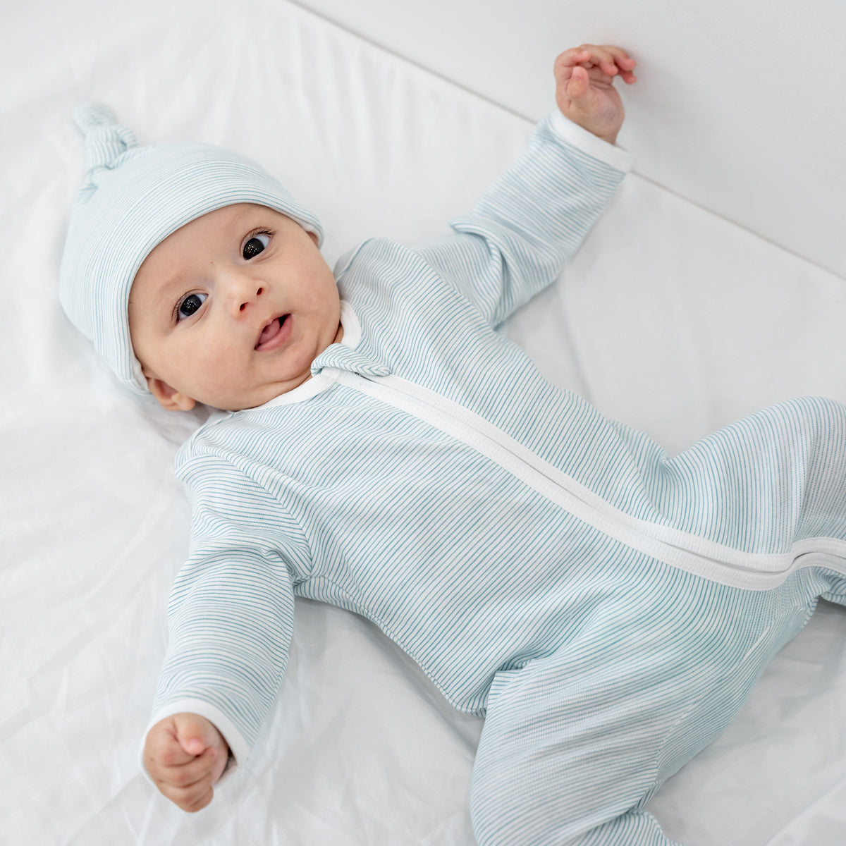 Baby Organic Zip Sleepsuit in Blue Stripes by Le Petit Society — image 4
