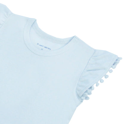 Resort Series - Girls Top with Pom Pom Sleeves in Blue by Le Petit Society — image 2