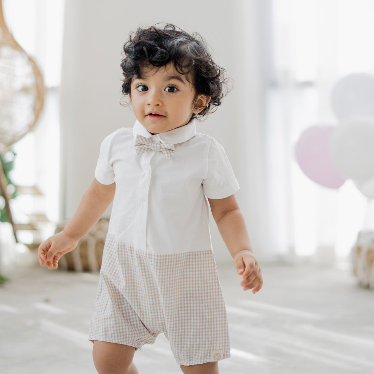 Papa & Mini - Baby Boy Bow Tie Romper in Beige Gingham (Past Season) by Le Petit Society — image 3