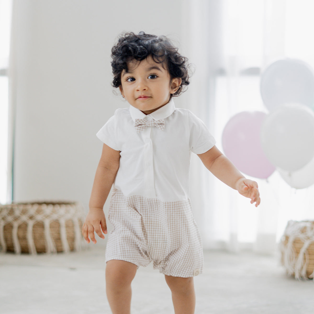 Papa & Mini - Baby Boy Bow Tie Romper in Beige Gingham (Past Season) by Le Petit Society — image 4