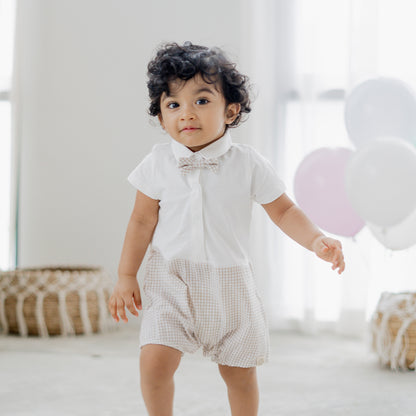 Papa & Mini - Baby Boy Bow Tie Romper in Beige Gingham (Past Season) by Le Petit Society — image 4