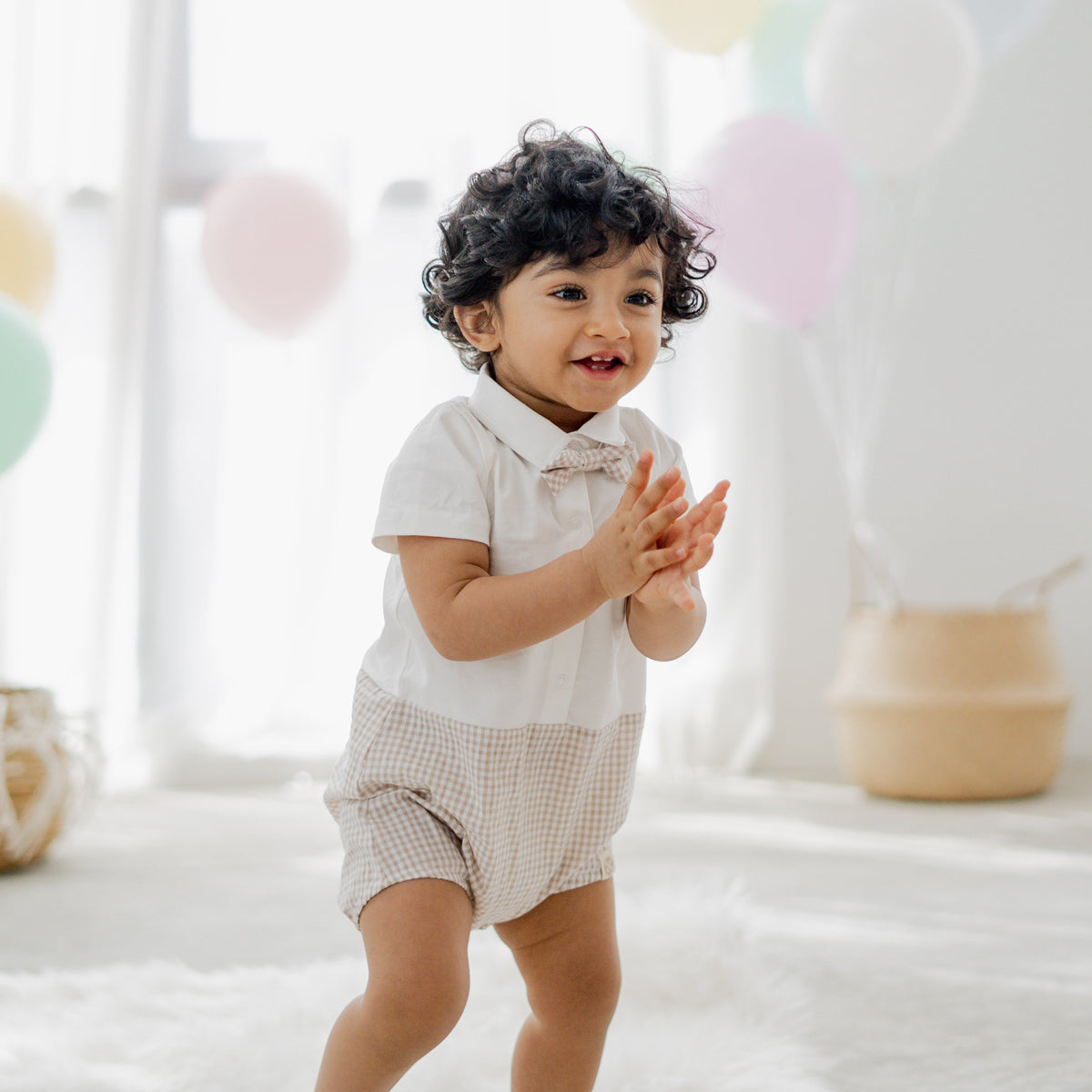 Papa & Mini - Baby Boy Bow Tie Romper in Beige Gingham (Past Season) by Le Petit Society