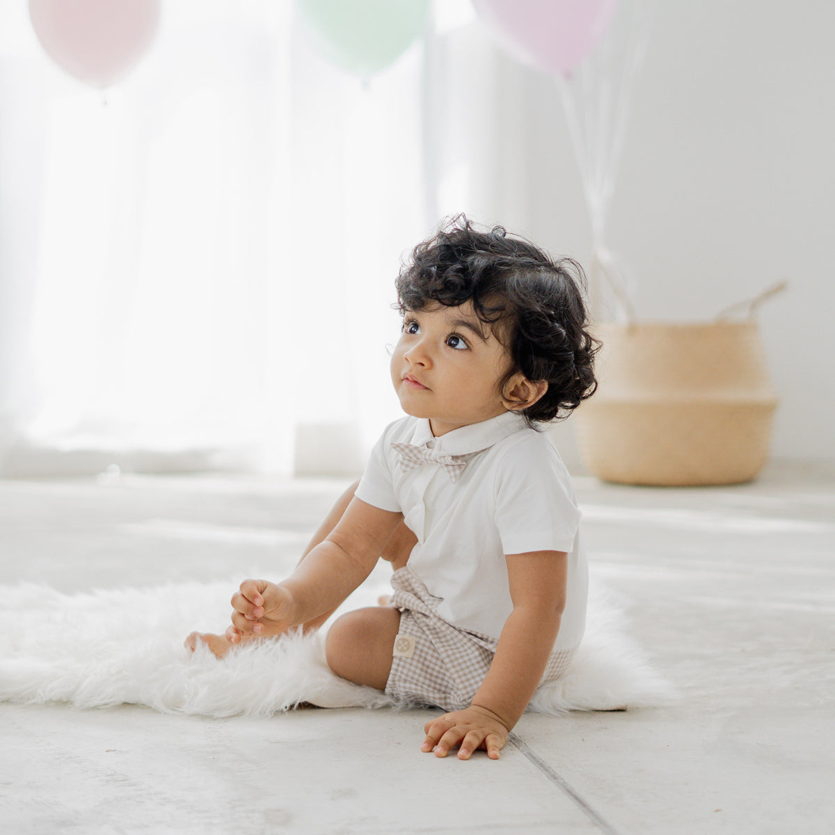 Papa & Mini - Baby Boy Bow Tie Romper in Beige Gingham (Past Season) by Le Petit Society — image 2