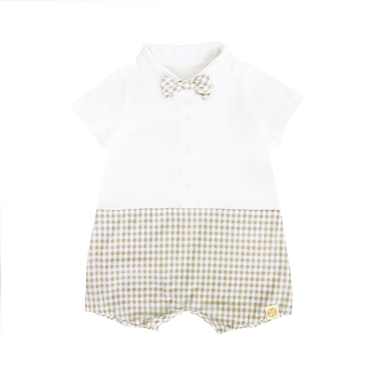 A baby boy romper in beige gingham from Le Petit Society. It comes with a detachable bow tie and snap closures down the front and in between the legs.